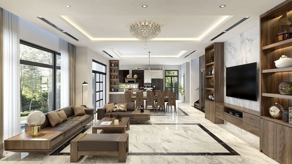 nội thất theo kiểu phòng khách ghép nối với các phòng khác